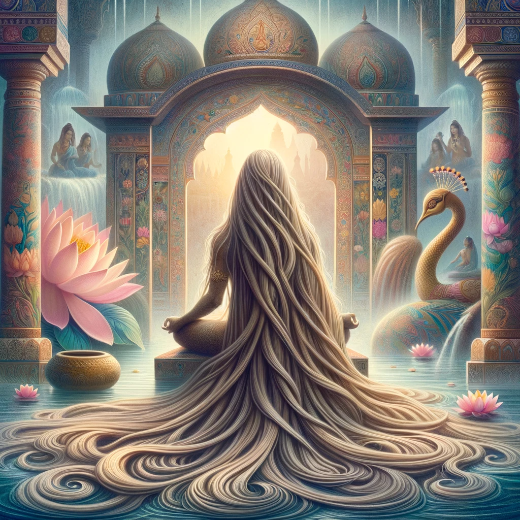 A woman with long hair facing a Hindu temple