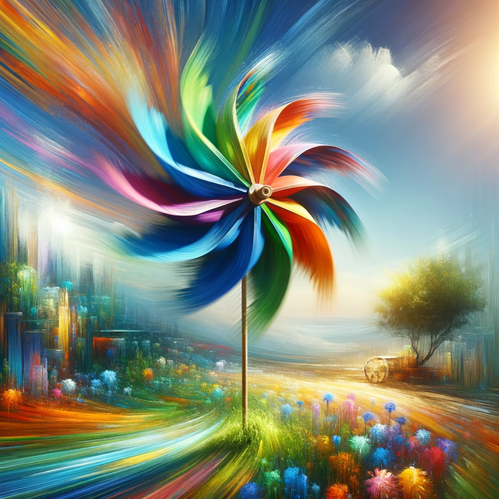 A colorful pinwheel in a landscape.