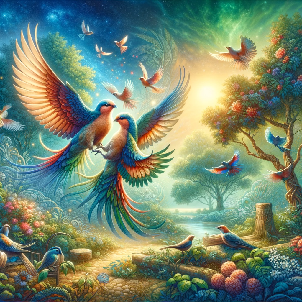 Two birds in paradise about to mate