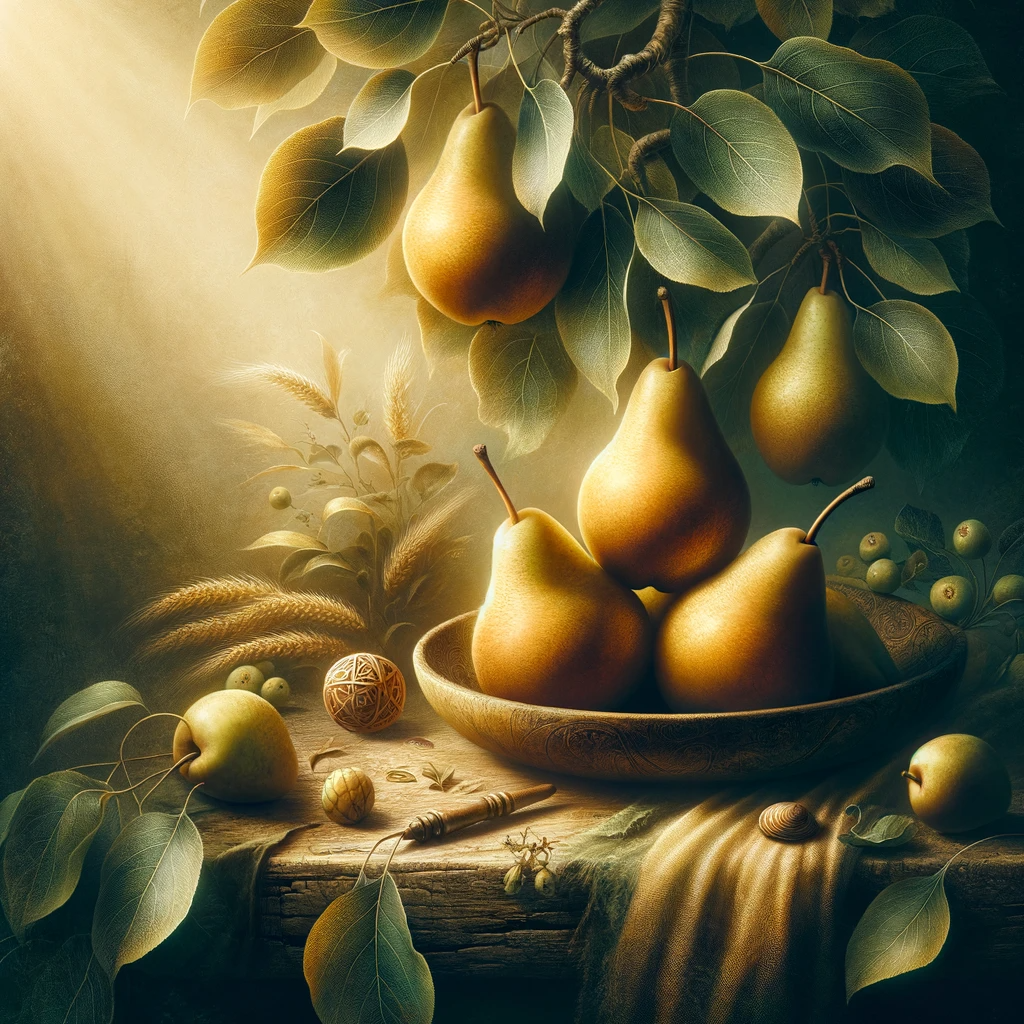 A bowl of pears and a pear tree.