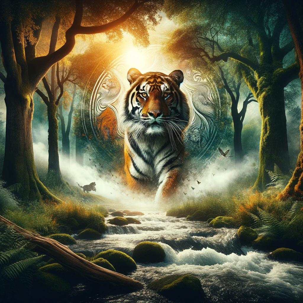 A tiger in the forest running towards you.