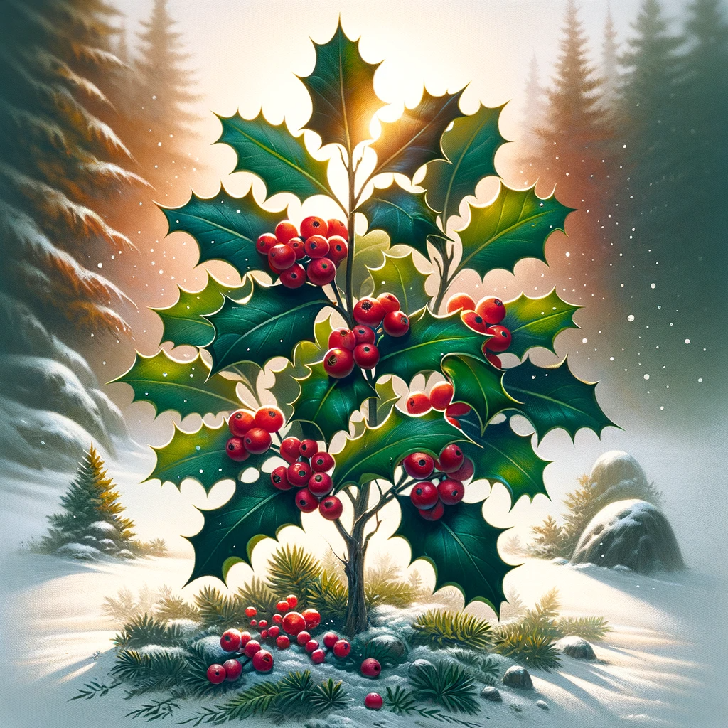 A holly tree int he snow.