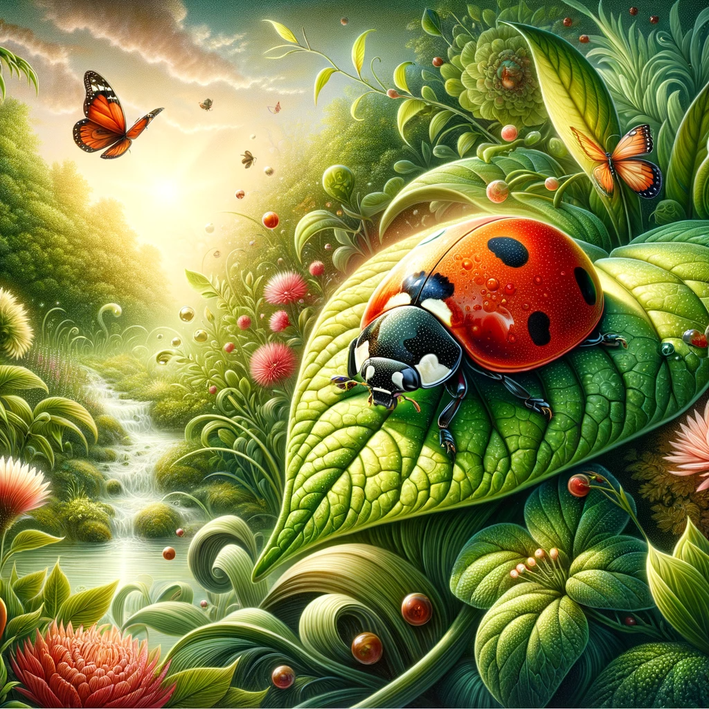 A lady bug on a leaf amongst butterflies.