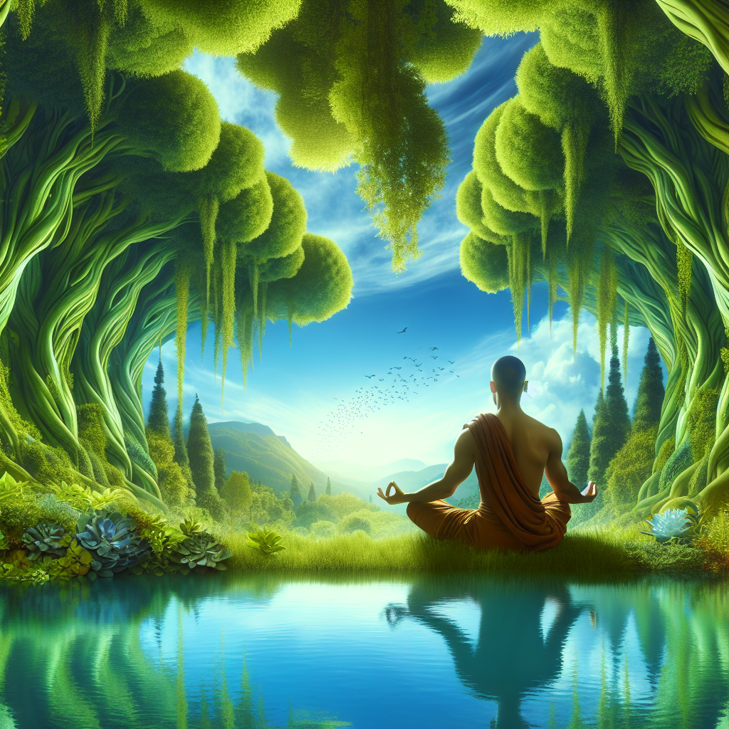 A serene image of a person meditating outdoors, surrounded by nature. The background includes lush green trees and a clear sky, symbolizing tranquility and the beginning of a spiritual journey.