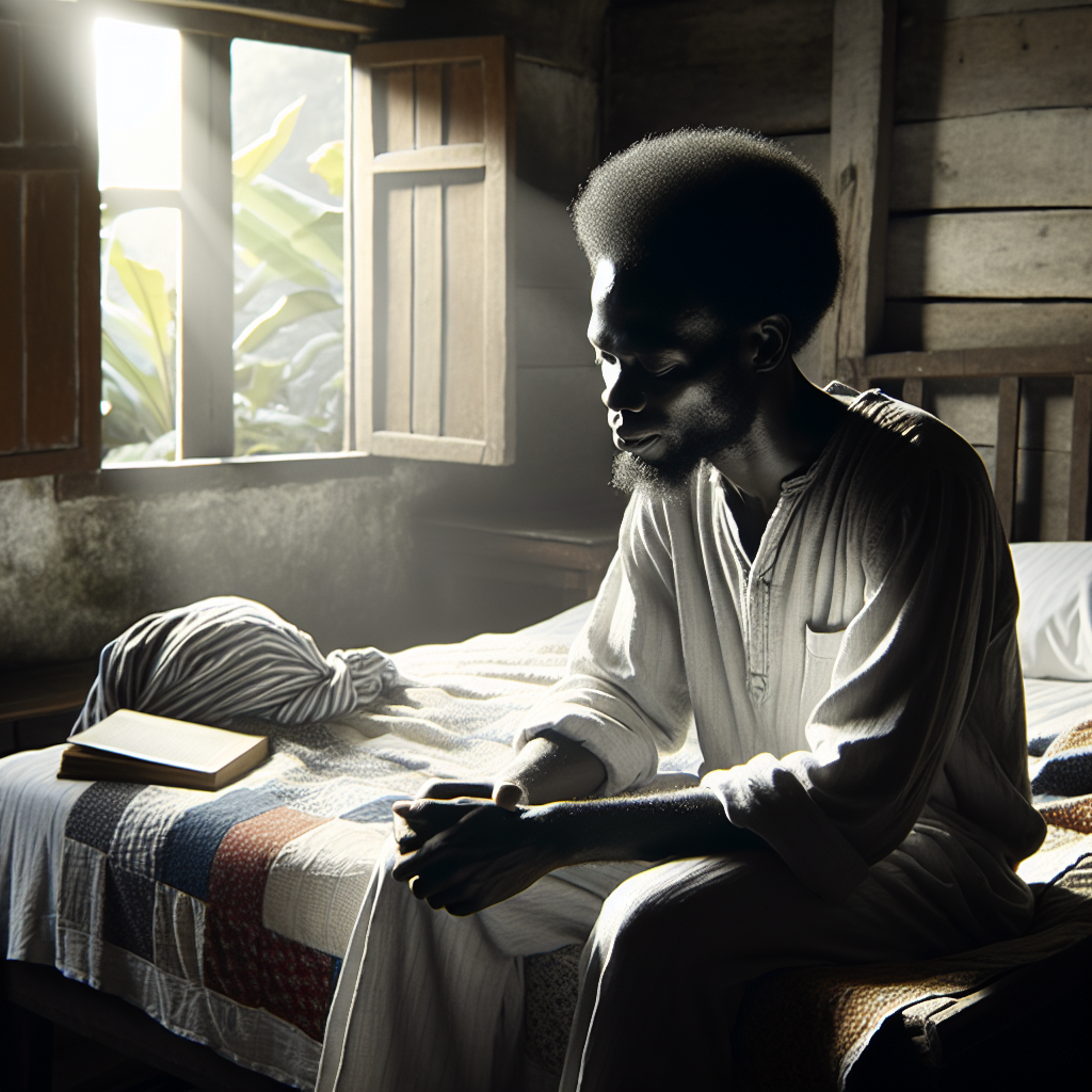 An individual sitting on a bed, looking exhausted and drained, with sunlight streaming through a window in the background. The image captures the mood of persistent tiredness despite an apparently restful environment.