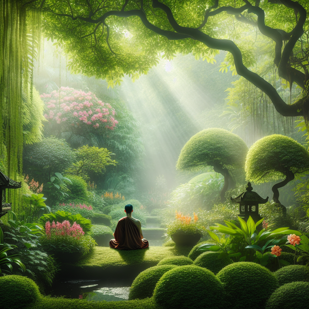 A serene scene of a person meditating in a tranquil garden, with soft, diffused sunlight filtering through trees. The lush greenery and blooming flowers create a peaceful atmosphere, symbolizing the cultivation of mental gardens through meditation.