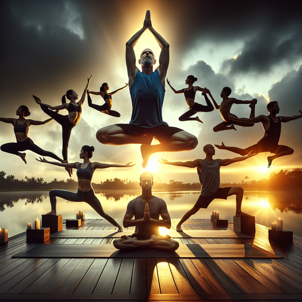 A vibrant image of a diverse group of people practicing yoga on a scenic outdoor platform overlooking a calm lake during sunrise