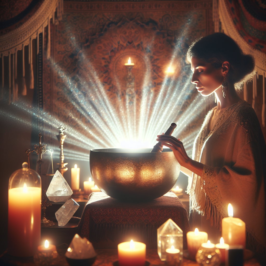 A captivating image of a practitioner playing a large, shimmering crystal singing bowl