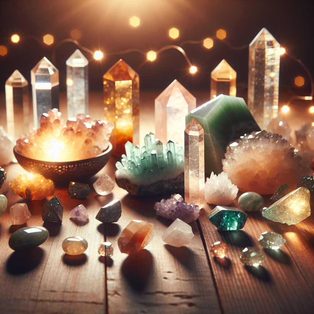 A stunning flatlay of various shimmering crystals on a wooden table, including Citrine, Pyrite, Green Aventurine, and Jade, with a soft, glowing light illuminating them, highlighting each crystal's unique colors and textures.