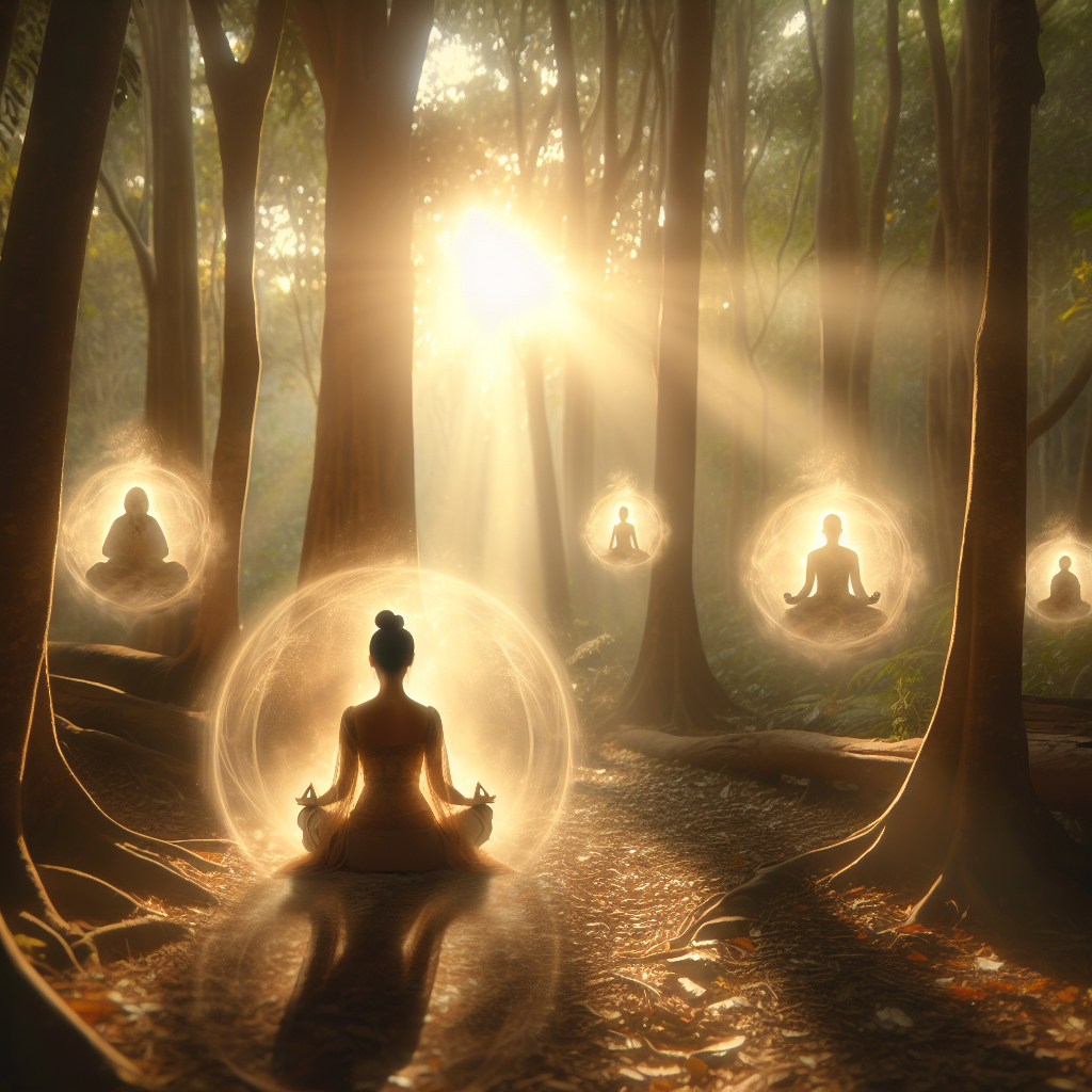 A serene and mystical forest bathed in soft, golden sunlight. A figure meditates in the lotus position at the center, surrounded by ethereal light and faint outlines of spirit guides, hinting at their protective and guiding presence.
