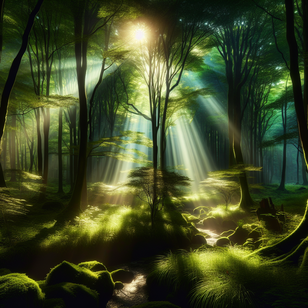 A serene, tranquil forest with rays of sunlight piercing through the canopy, symbolizing the peace and introspection found in spiritual literature.