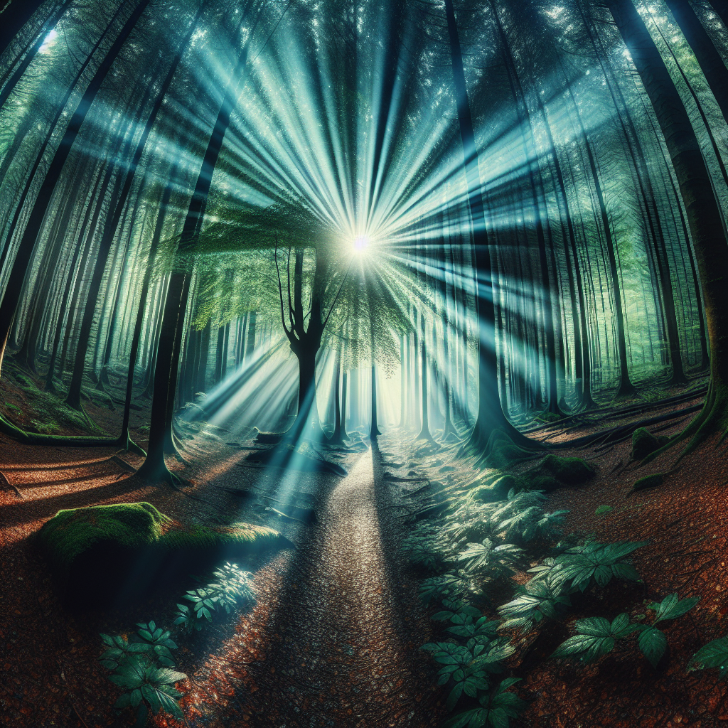 A panoramic view of a dense forest with a narrow trail