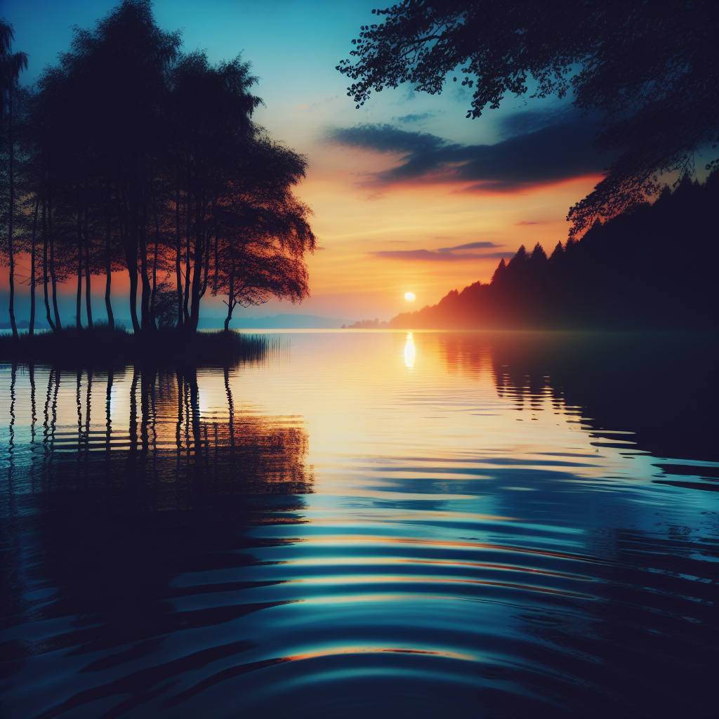 A serene lakeside at sunset with calm water reflecting the colorful sky