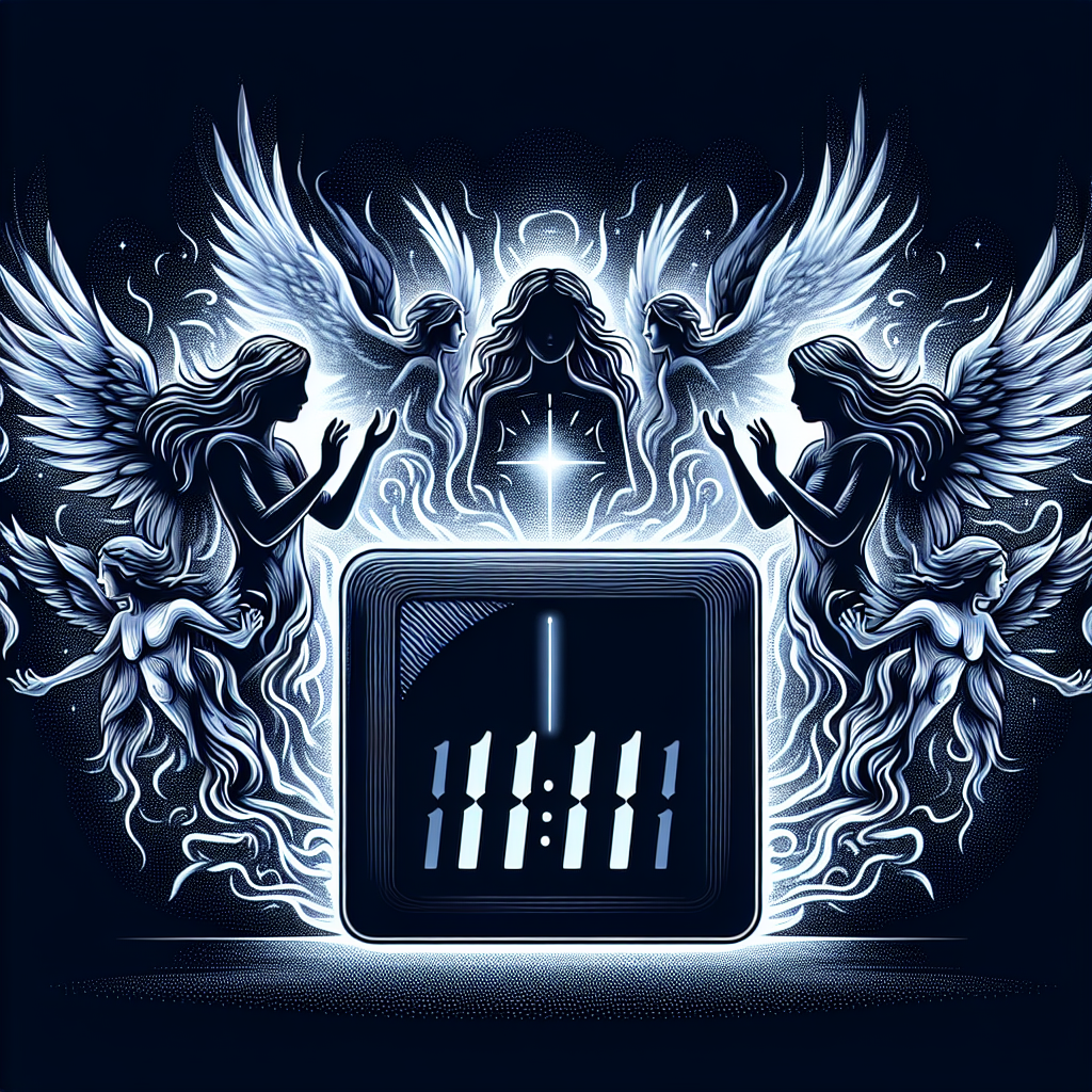 An image showing a digital clock displaying the time 11:11. In the background, faint silhouettes of angelic figures symbolize the ethereal and spiritual connotations of the numbers.