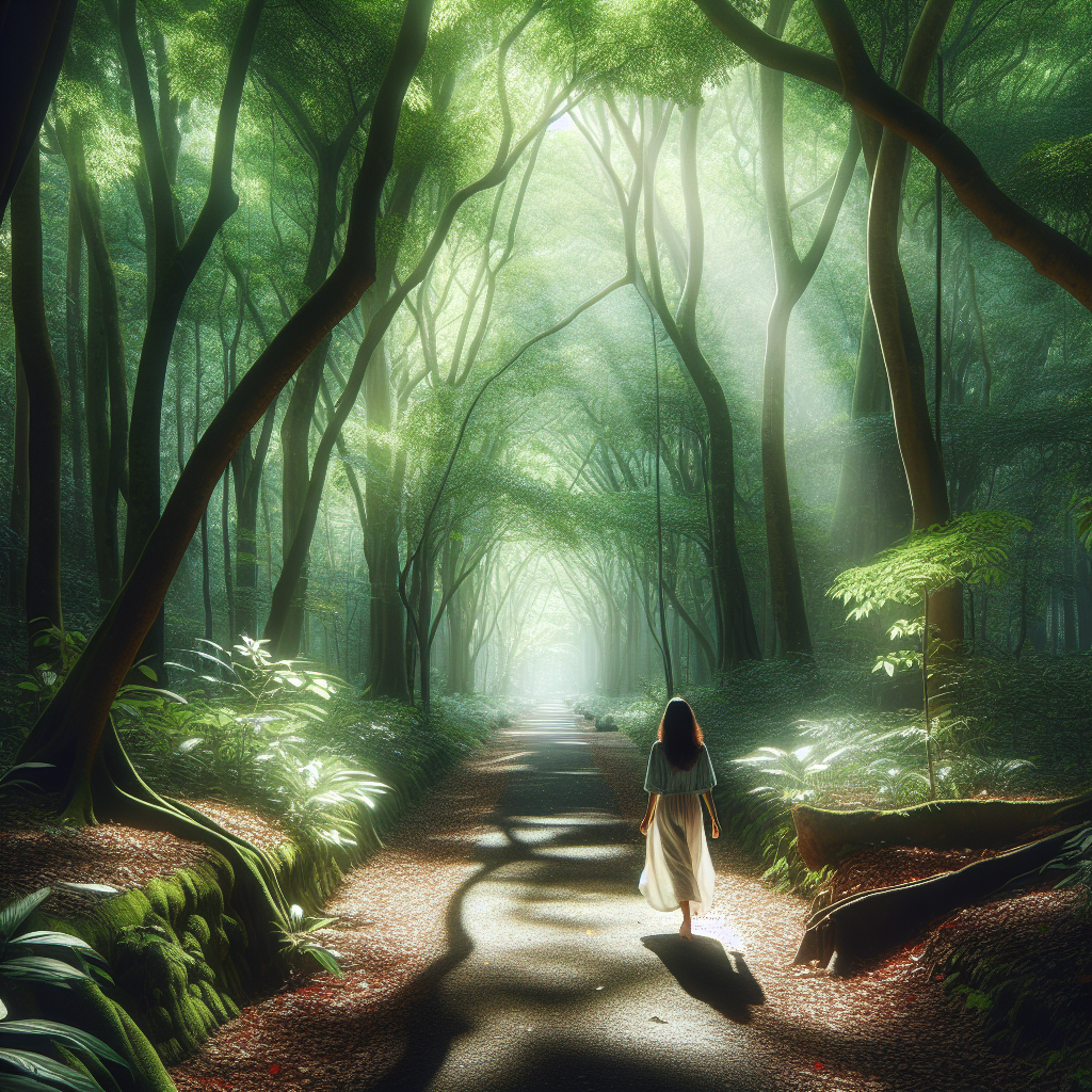 A serene forest path with a canopy of emerald leaves overhead and dappled sunlight filtering through, evoking a sense of peace and natural beauty. A person walks along the path, feeling grounded and immersed in the tranquility.