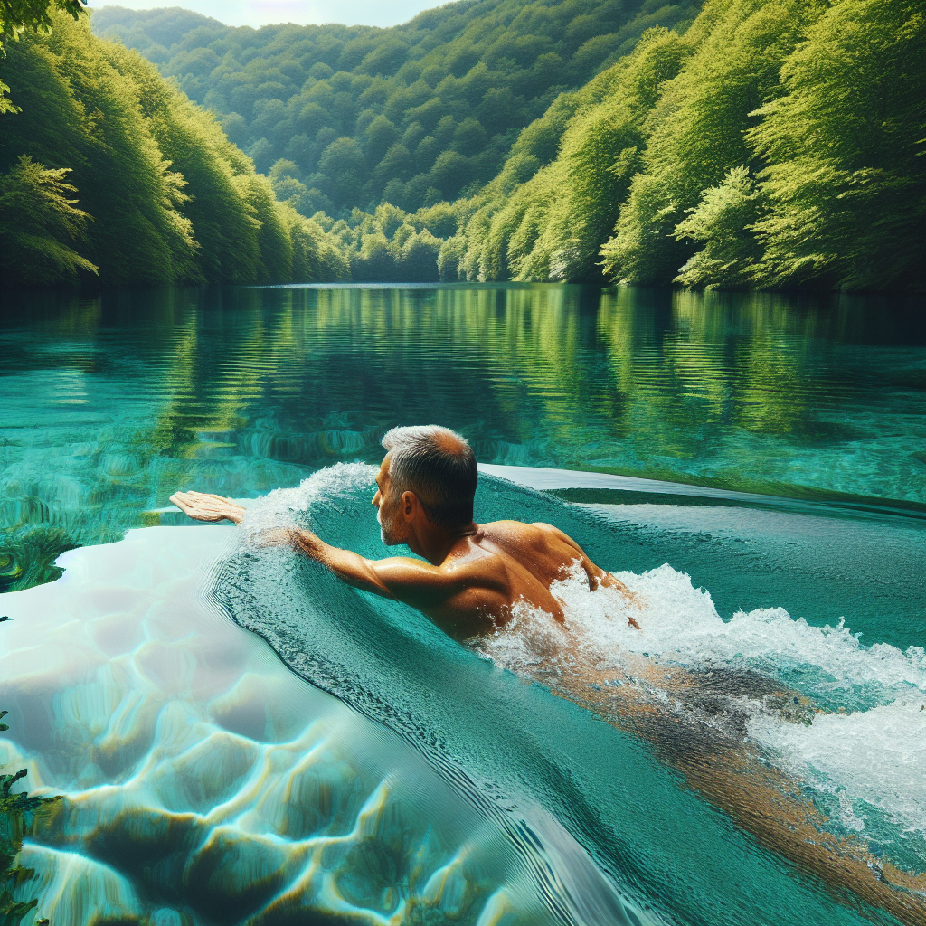 A crystal-clear lake surrounded by lush greenery. A swimmer, captured mid-stroke, creates gentle ripples in the otherwise calm water, highlighting the refreshing and adventurous nature of wild swimming.