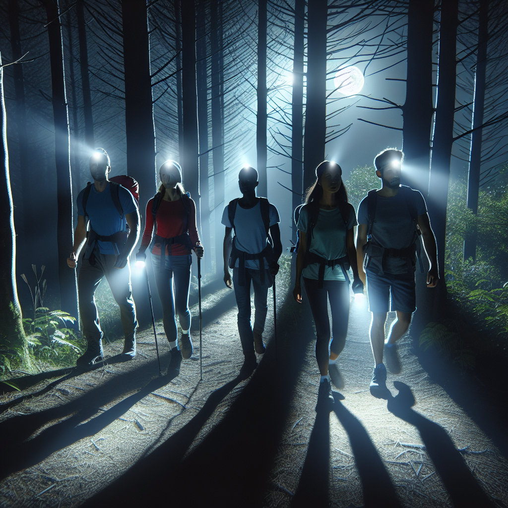 A nighttime forest scene bathed in silver moonlight, with long shadows cast by the trees. A group of hikers, equipped with headlamps, follow a trail, their faces illuminated softly, capturing the mystical allure of moonlit hikes.