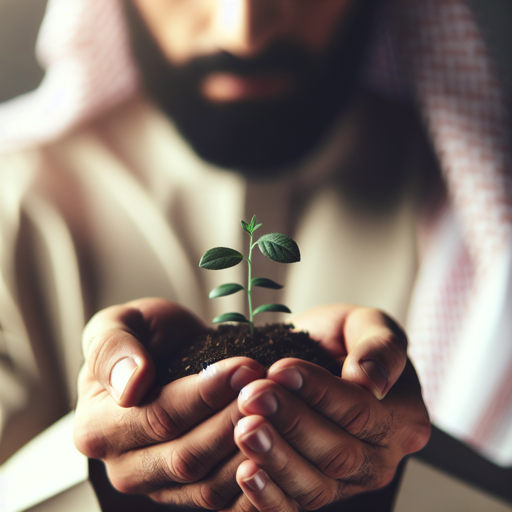 A close-up shot of a pair of hands gently holding a small plant