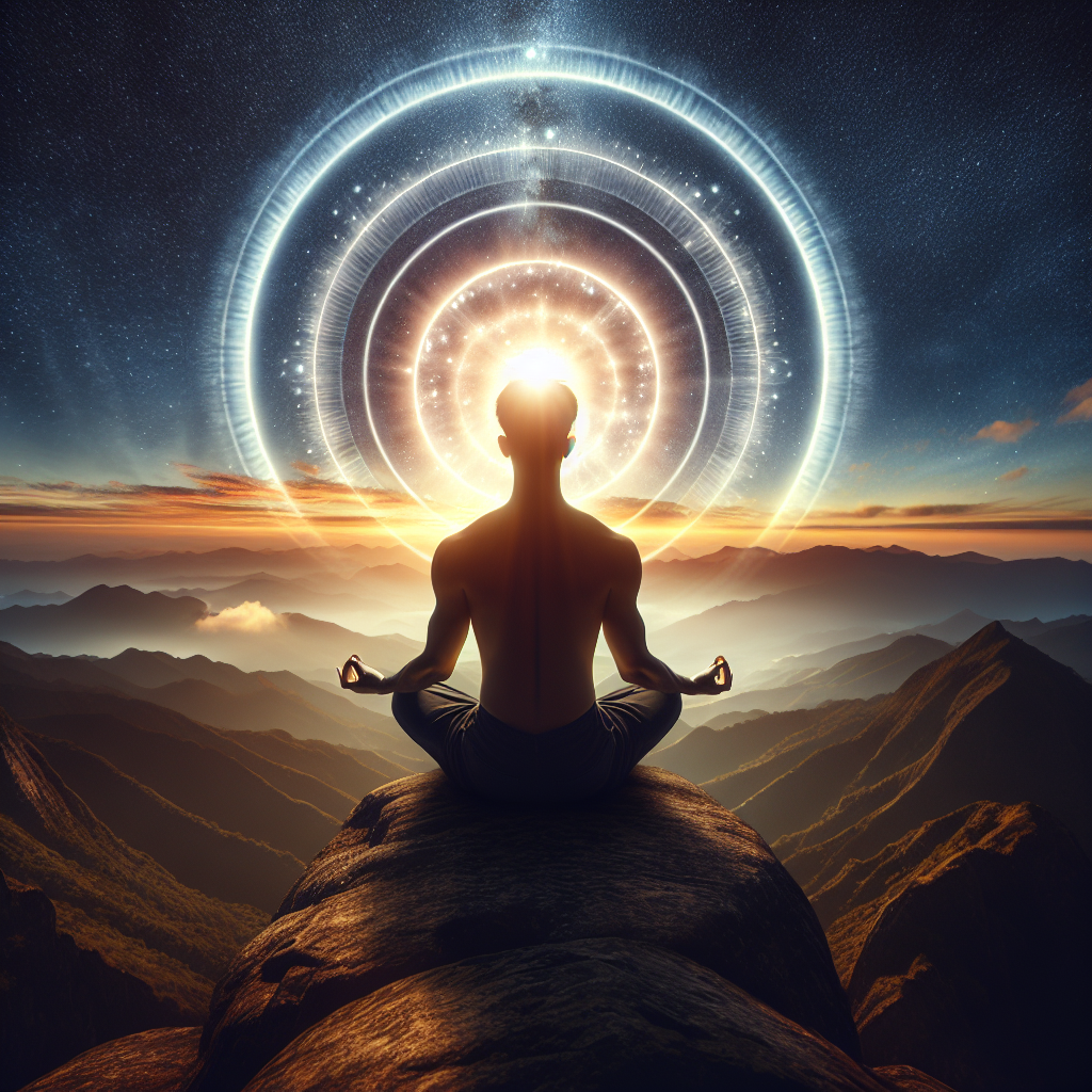 An individual meditating on a mountain peak at sunrise