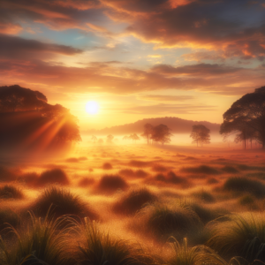 A serene landscape at dawn with soft, golden light illuminating a field, symbolizing tranquility and new beginnings, perfectly setting the tone for themes of spiritual growth and inner peace.