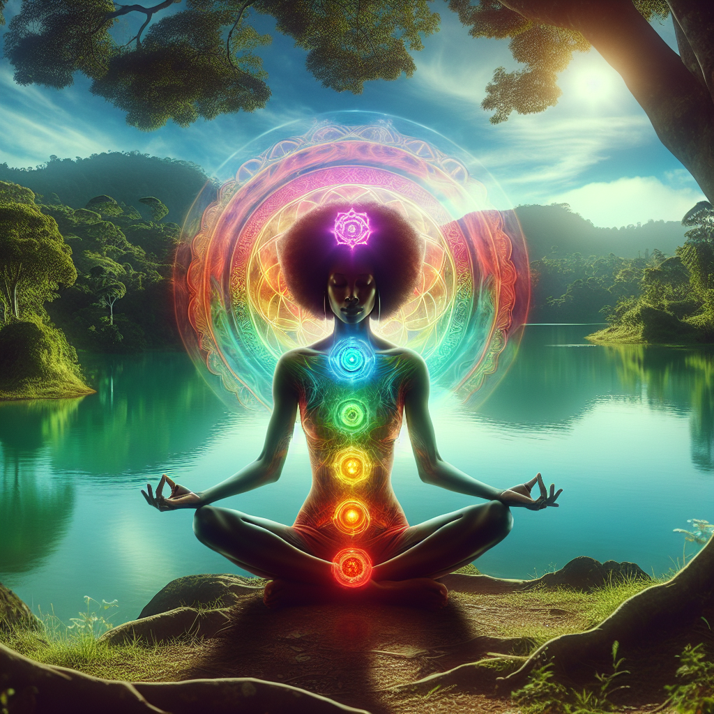 A serene image showing a person in a meditative pose surrounded by a colorful aura, representing the alignment of chakras. The backdrop is a tranquil nature setting, perhaps a forest clearing or beside a calm lake, enhancing the sense of inner peace and spiritual connection.