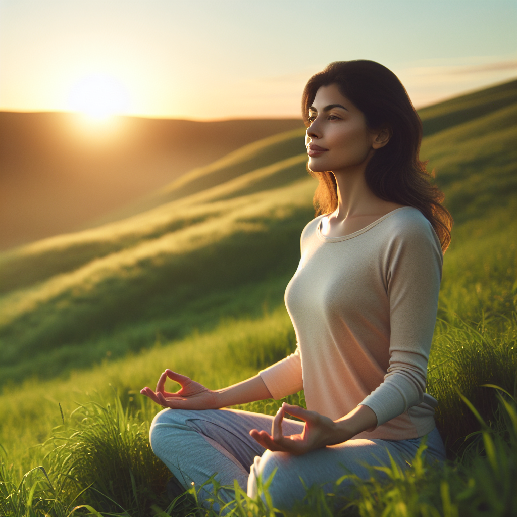 A serene image of a person sitting cross-legged in meditation on a grassy hill at sunrise, with soft light casting a peaceful glow that symbolizes inner tranquility and mindfulness.