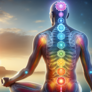 A vibrant illustration of the seven chakras aligned along the human spine, each depicted with its corresponding color and symbol, surrounded by an aura of glowing light, set against a serene background.