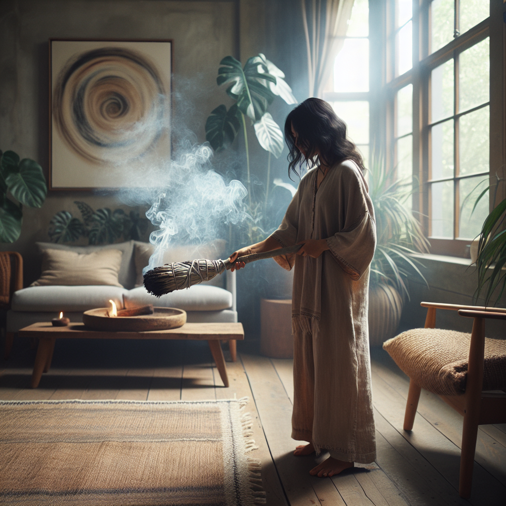 A person holding a smoldering sage stick, with wisps of smoke curling up, moving it through a serene living room. The room has gentle natural lighting and a tranquil ambiance, reflecting the cleansing process.