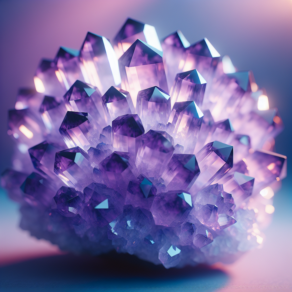 A close-up image of a purple amethyst cluster reflecting light to showcase its radiant and calming energy, emphasizing its use in meditation and stress relief.