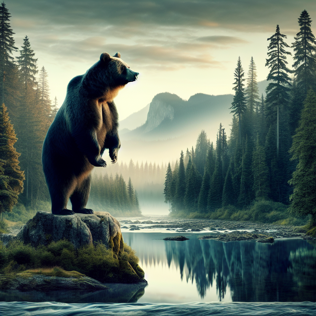 Majestic bear standing on a rocky outcrop overlooking a serene forest