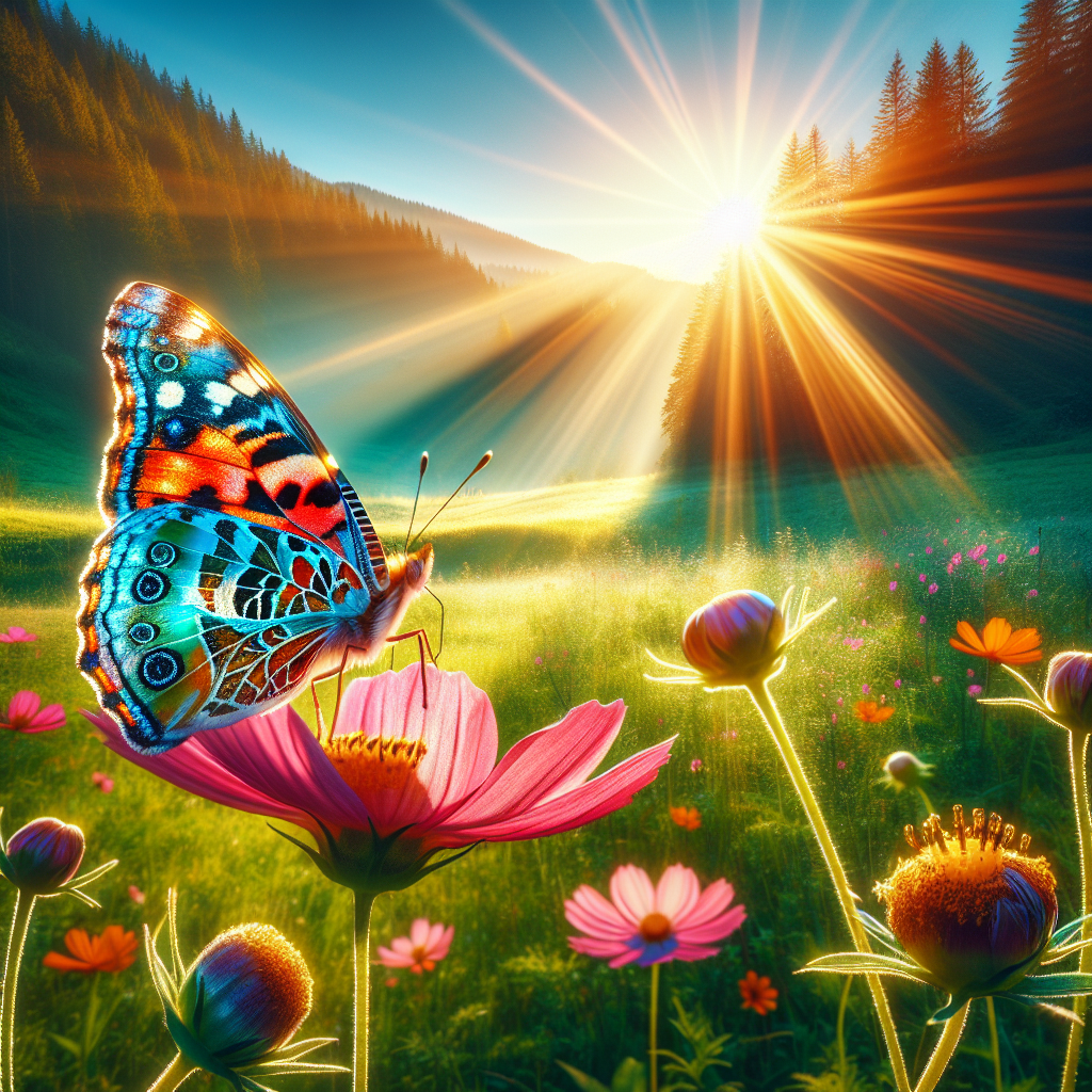 Vibrant butterfly perched on a blossoming flower with sunlight streaming through a meadow