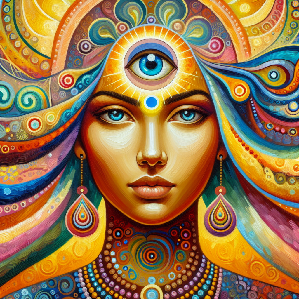 An artistic depiction of a glowing third eye at the center of a person's forehead.