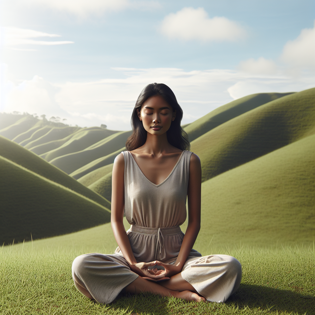 A serene image of a person sitting cross-legged on a grassy field, eyes closed, with hands resting gently on their knees as they perform mindful breathing exercises. The background features gently rolling hills under a clear blue sky, exuding calm and tranquility.