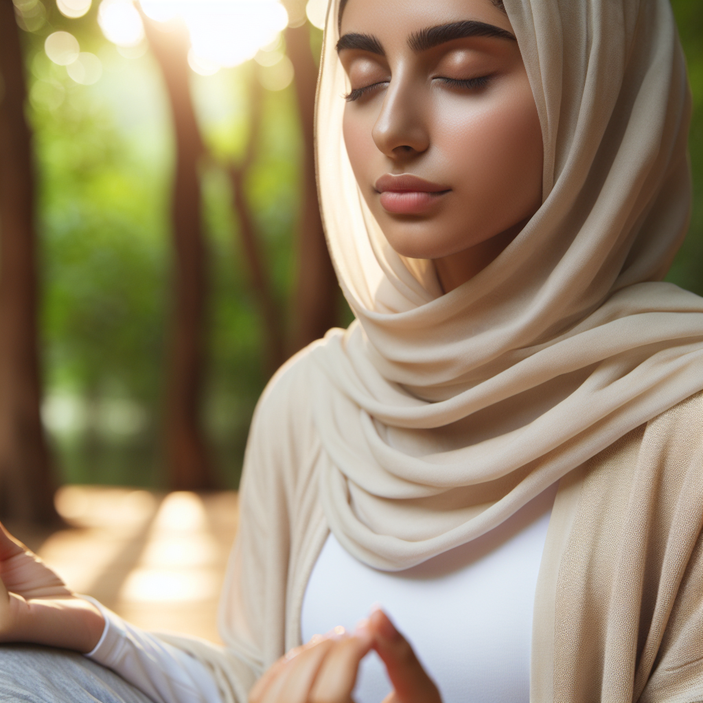 A serene close-up of a person sitting cross-legged with eyes closed in a peaceful environment, focusing on breath meditation. The background features soft, natural lighting filtering through trees, emphasizing the tranquility of the practice.