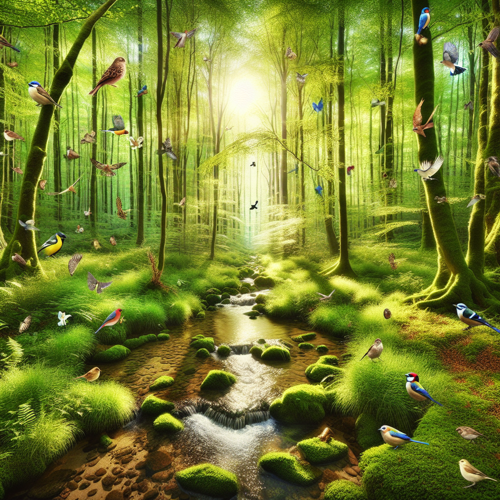 An image of a serene forest with sunlight filtering through the trees, highlighting the lush greenery. Birds can be seen perched on branches, and a small, babbling brook winds its way through the forest floor, enhancing the sense of tranquility and connection to natural sounds.