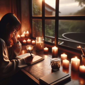 A person sitting at a cozy desk with a notebook and pen, surrounded by soft, ambient light. The background features elements like candles or serene nature views through a window, capturing a moment of deep self-reflection.
