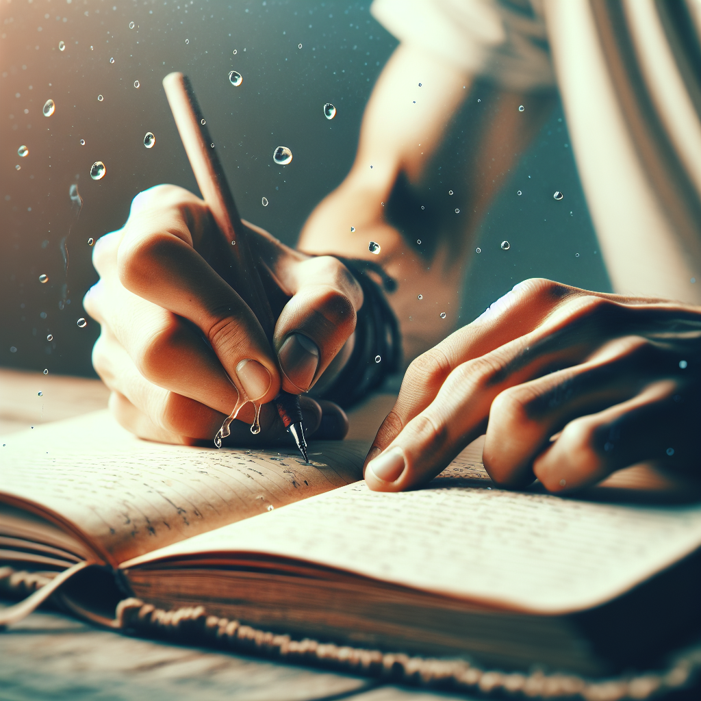 A close-up of hands writing intensely in a journal