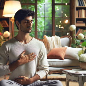 An individual seated comfortably in a serene environment, perhaps a cozy living room or a peaceful garden. One hand is on their belly while the other is on their chest, eyes closed, reflecting calm and focus.