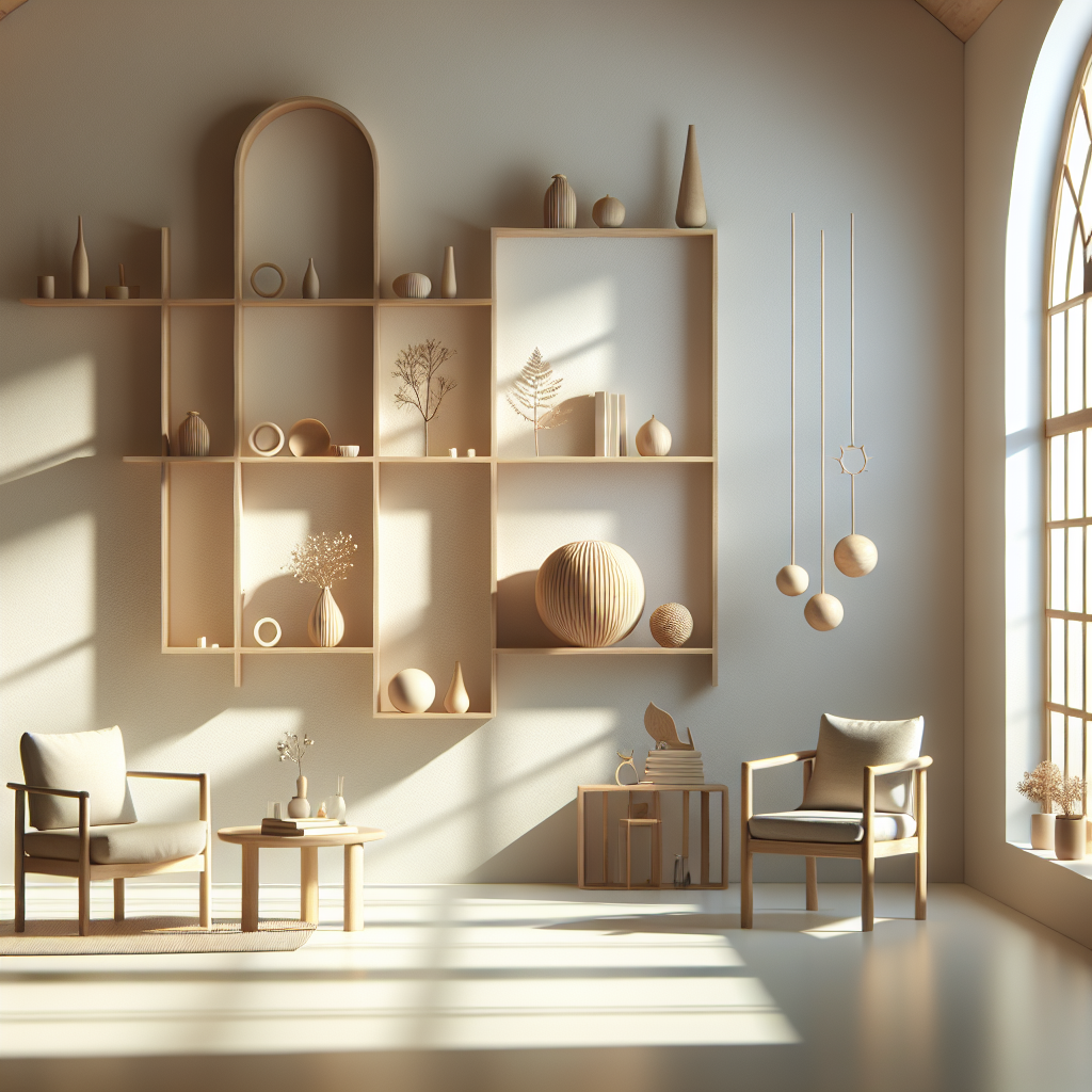 A minimalist room with clean lines, featuring a simple wooden shelf with a few carefully chosen decorations, and a cozy reading nook with a single chair and a small table. Sunlight streams through a large window, illuminating a serene and clutter-free space.
