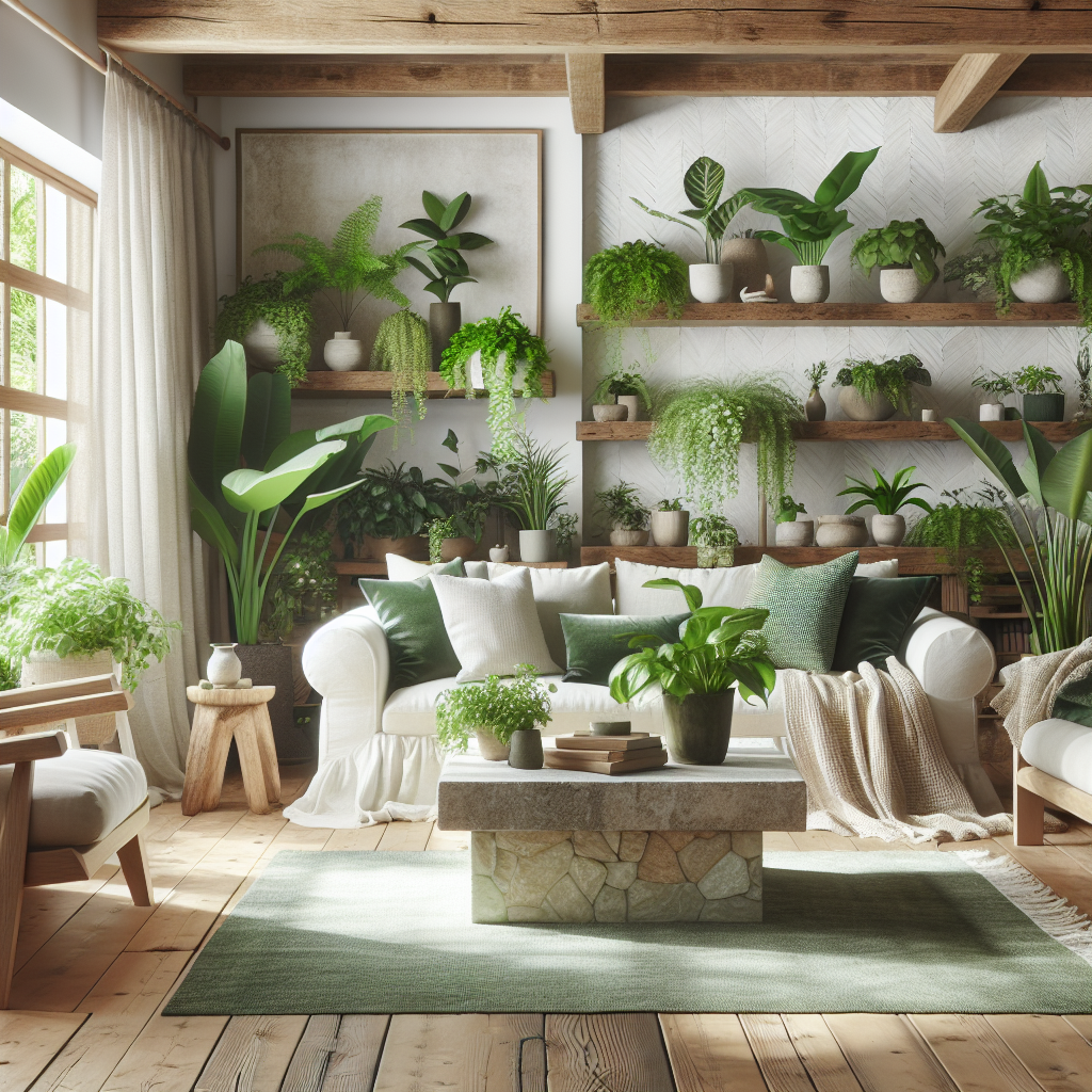 A bright, airy living room filled with natural light showcasing several indoor plants. The space features wooden furniture, a stone coffee table, and cotton throws, creating a balanced blend of natural textures and greenery.