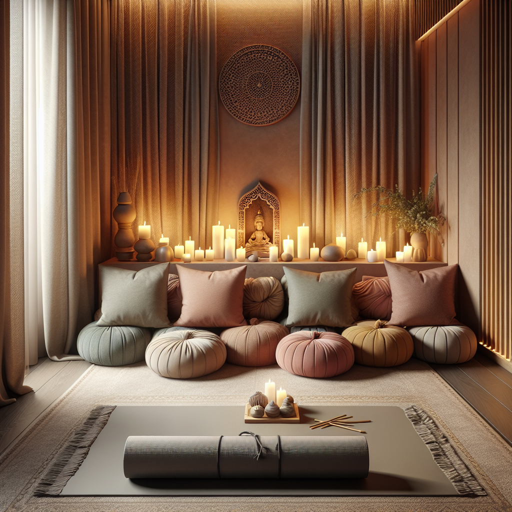 A tranquil corner of a room dedicated to meditation, complete with plush cushions, a yoga mat, and a small alter adorned with candles and incense. Soft lighting and calming colors enhance the serene atmosphere, inviting peaceful practice.