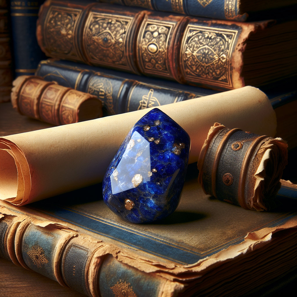 A polished Lapis Lazuli stone against ancient books
