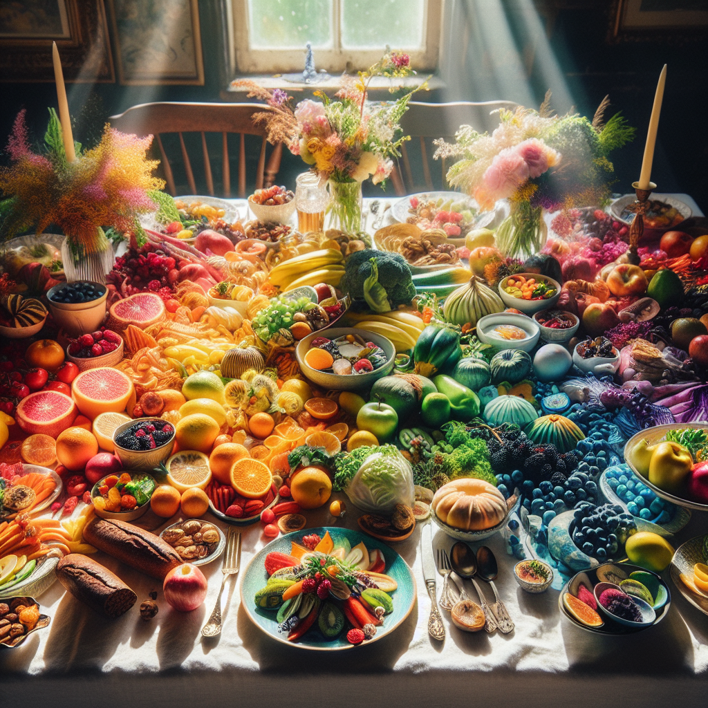 A close-up image of a colorful, healthy meal on a beautifully set table, with focus on the rich textures and vibrant colors of the food items.