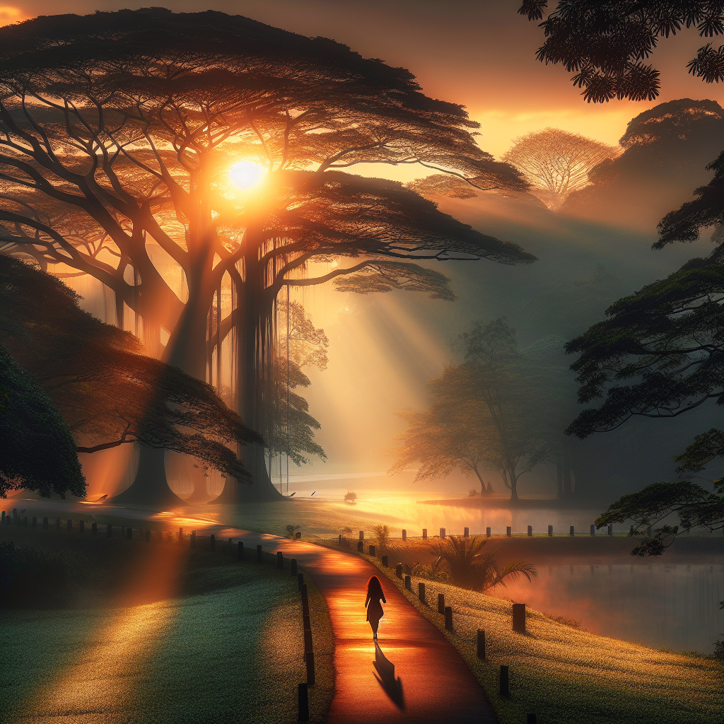 A serene early morning scene in a lush park, with the sun gently rising over a trail where a solitary figure strolls, surrounded by tall trees and the soft light casting long shadows. Birds can be seen perched on branches, and a gentle mist lingers in the air.