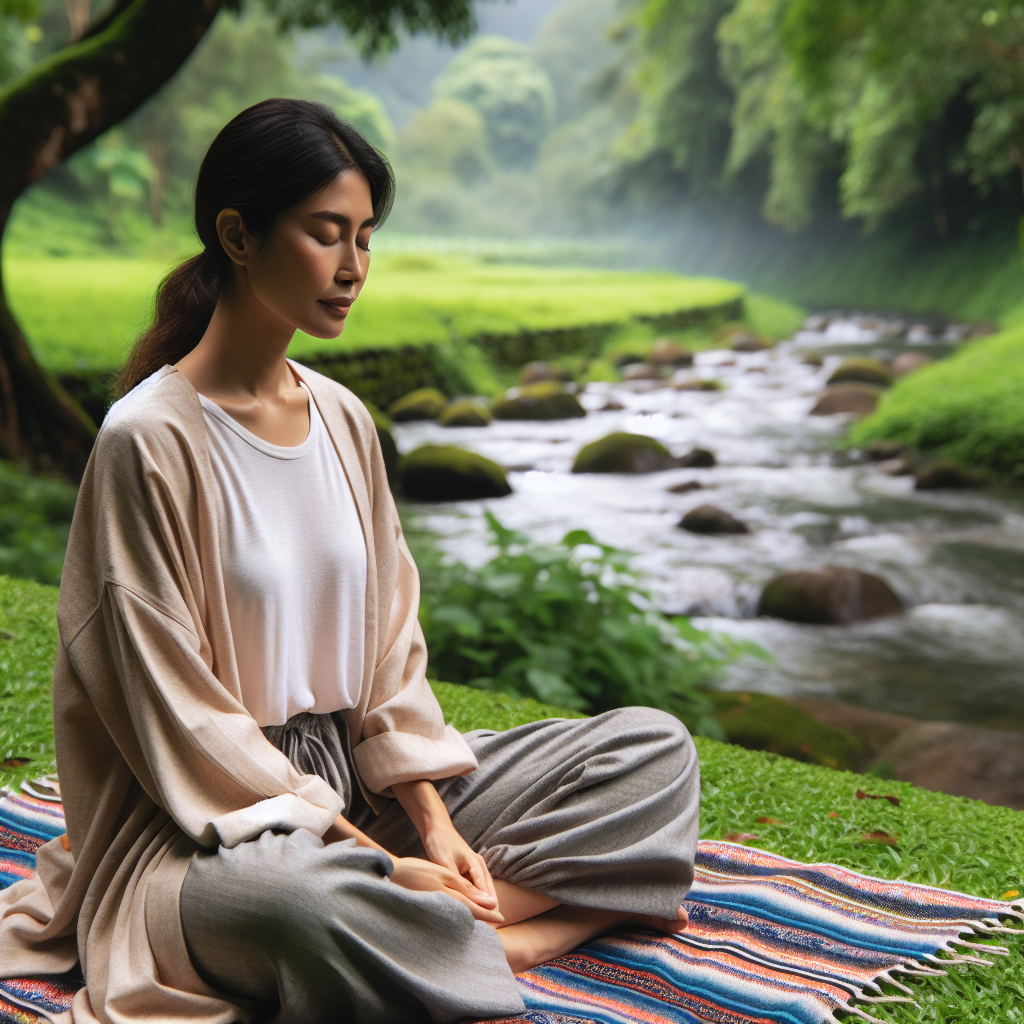 An individual sitting cross-legged on a blanket in a tranquil spot beside a gently flowing stream. Their eyes are closed, and they appear deeply focused on their breathing, with the natural sounds of the water and wind enhancing their mindfulness.