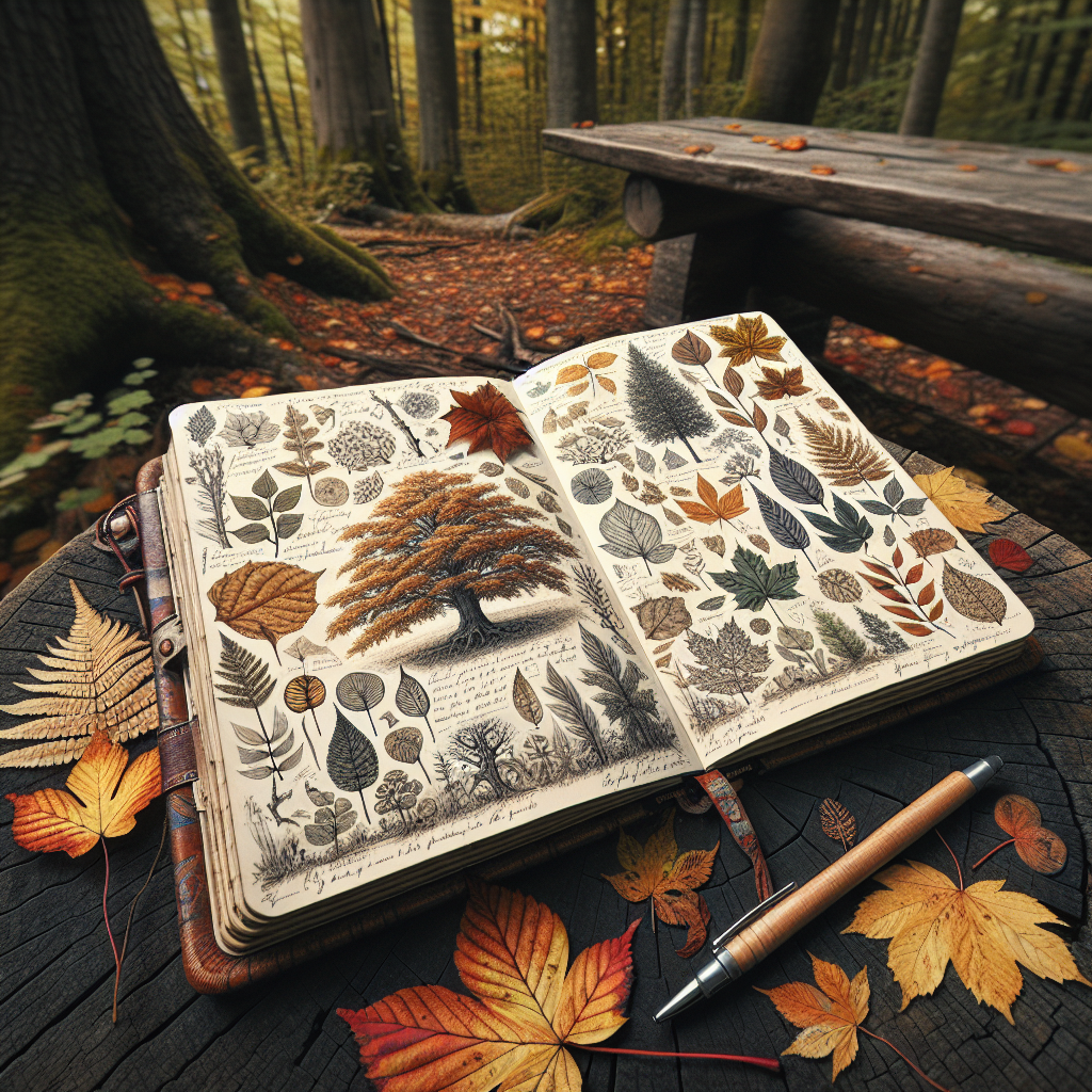 A close-up shot of an open journal placed on a wooden bench in a forested area. The pages contain sketches of leaves and trees alongside written observations. A pen lies next to the journal, and colorful autumn leaves are scattered around.