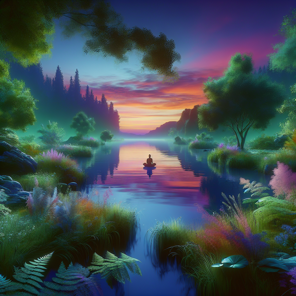 Calm lake surrounded by lush greenery at dawn