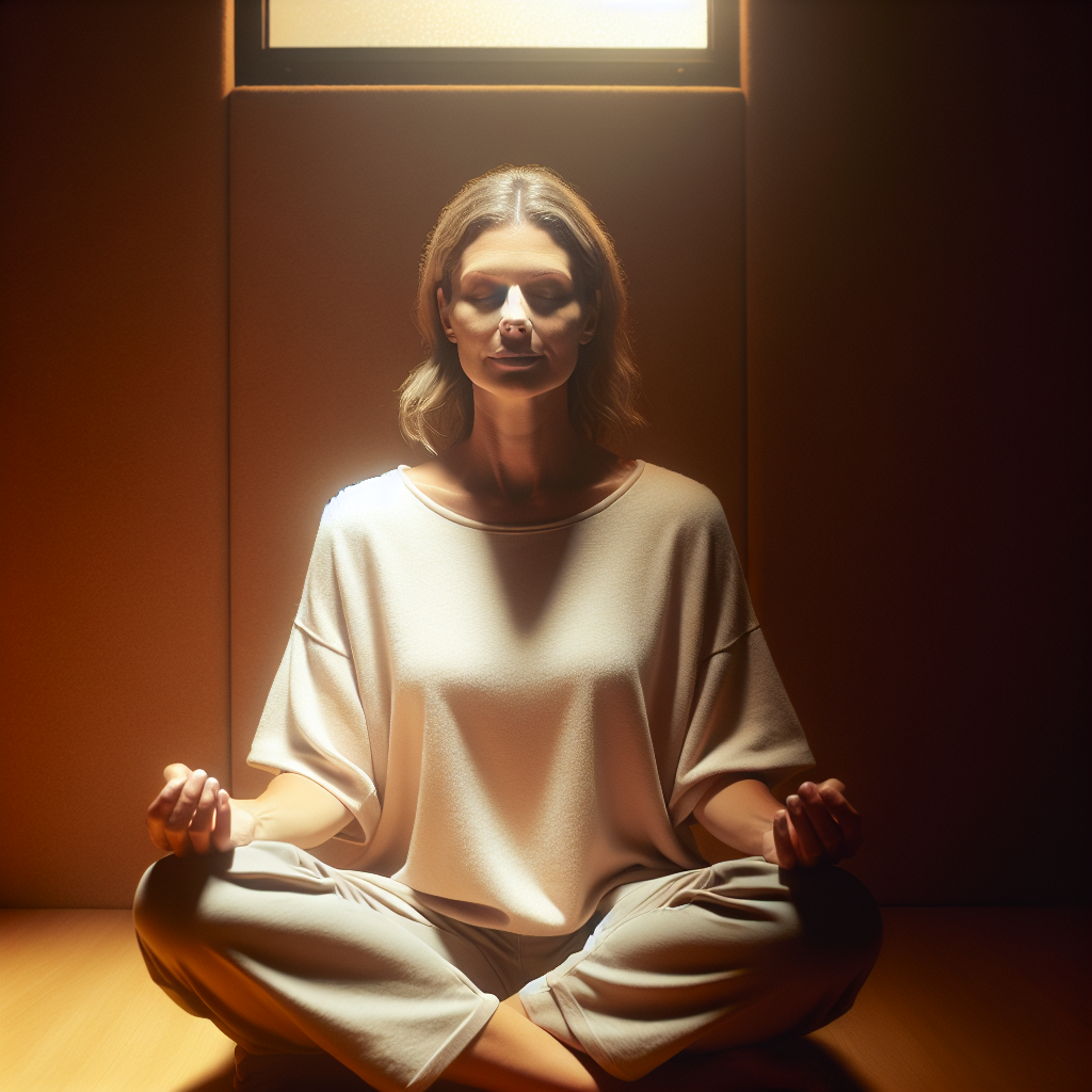 Person in meditative posture in a safe dimly lit room