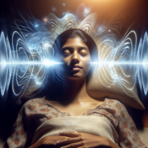A tranquil setting with a person lying down with eyes closed, surrounded by soft waves of light and sound waves, symbolizing the experience of sound therapy and inner peace.