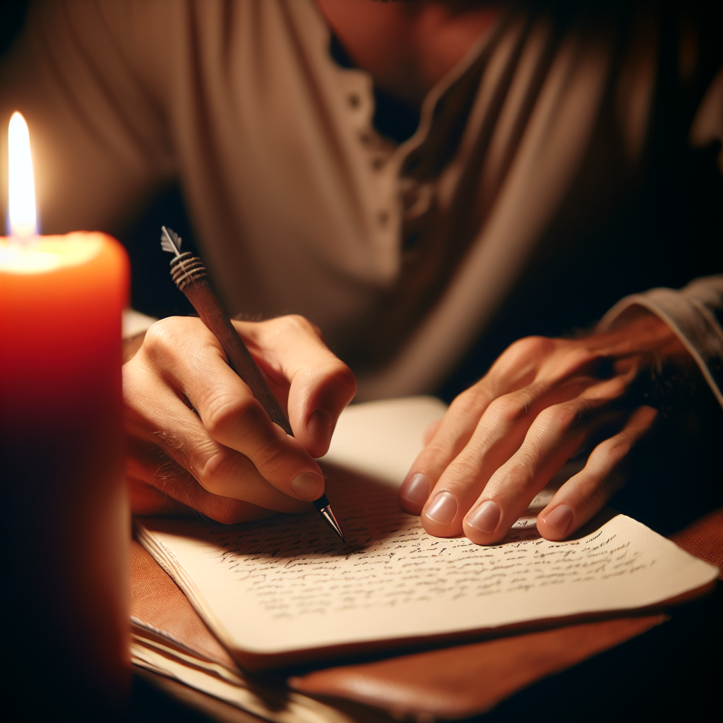 A serene image of a hand writing in a journal by candlelight, with soft, ambient lighting to create a tranquil atmosphere suggestive of introspective and reflective journaling practices.